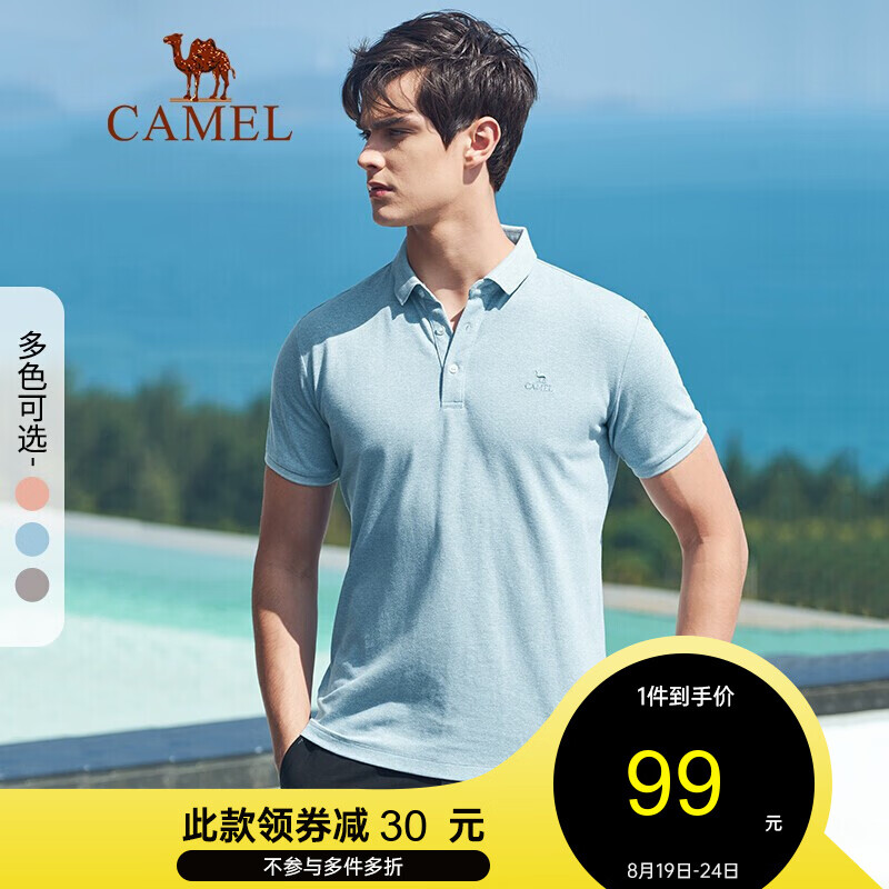 骆驼（CAMEL）男装 夏新款休闲绣标翻领短袖POLO衫 XBB481166 浅蓝 L