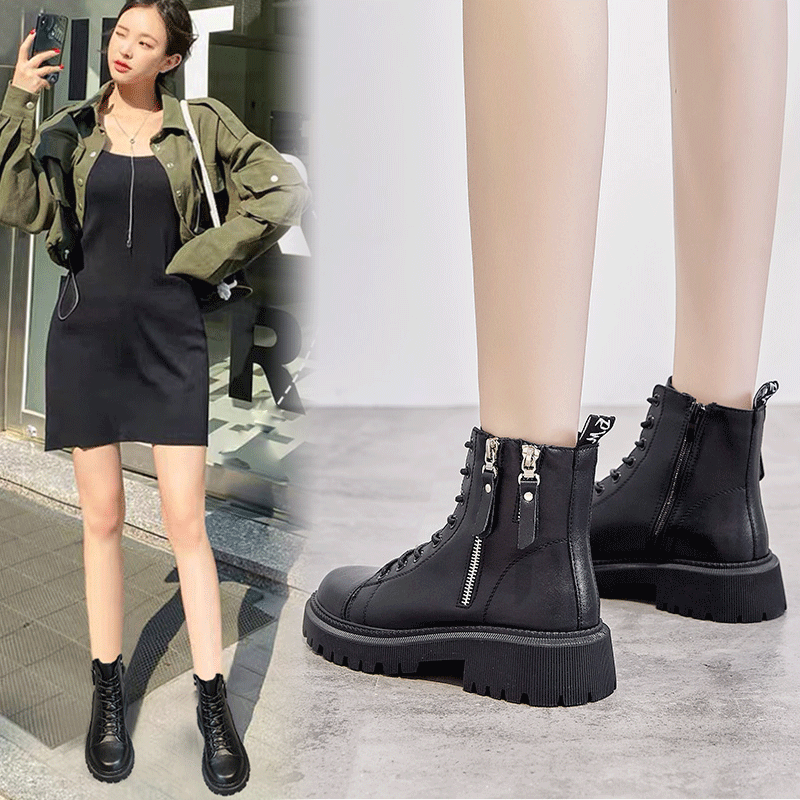 柯妮丽人马丁靴女靴子2025新款英伦风女鞋增高女士短靴系带机车女靴潮鞋子 黑色单里 36