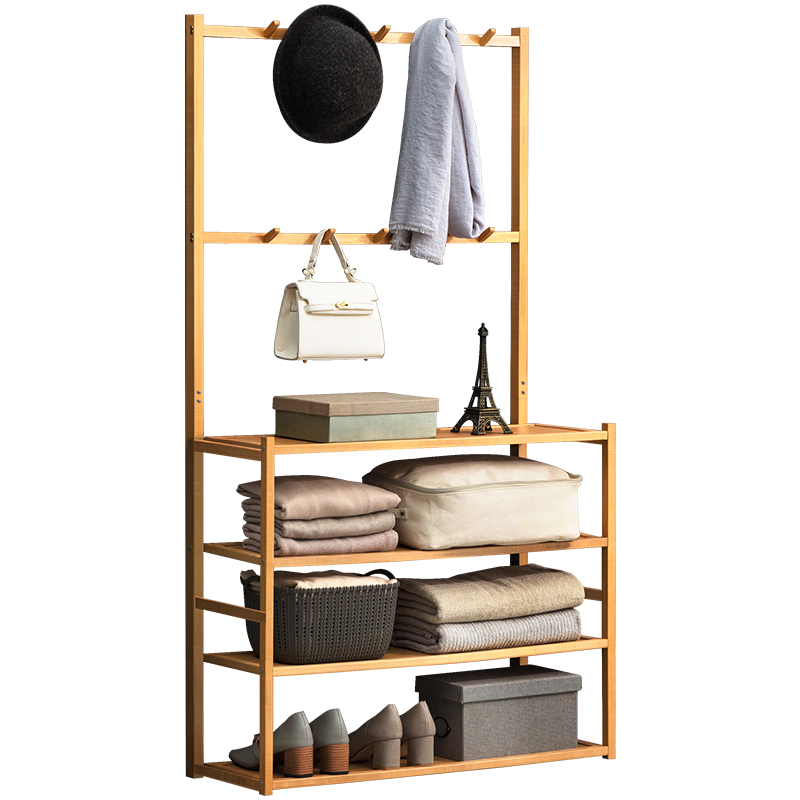 淘之良品 多挂简易衣帽架简约立式挂衣架室内楠竹卧室现代实木衣服架子落地放衣架收纳架置物架层架收纳架 【双排挂钩】原色-四层51长