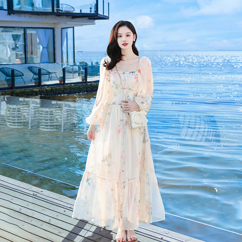 拓涩(tuose)夏装新款碎花连衣裙女法式复古收腰方领长袖裙子旅游度假