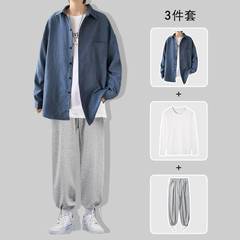 帅男装一套搭配休闲运动裤三件套套装 202衬衫蓝色 (长)白t 抽绳灰裤