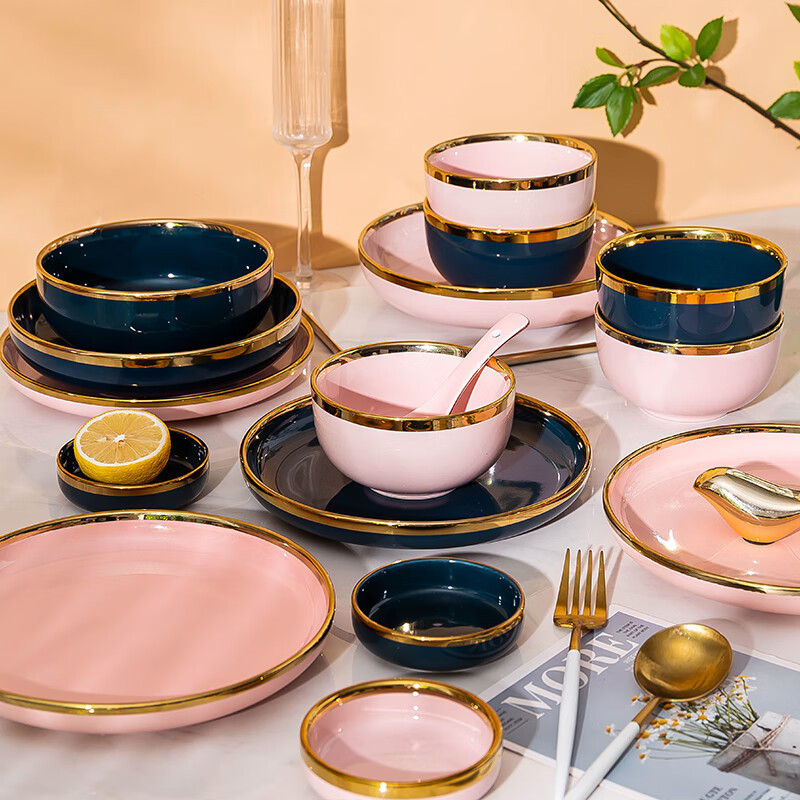 冠朴 北欧陶瓷吃饭碗家用碗碟盘套装汤碗面碗单个餐具轻奢创意盘子碗 10英寸大盘（粉色）
