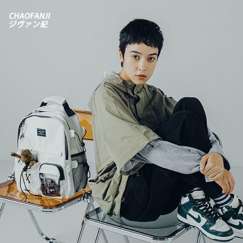 CHAOFANJI 日系潮牌双肩包男女款书包旅行背包大容量书包防水电脑包学生包 黑色大号【加购下单送熊猫挂件】