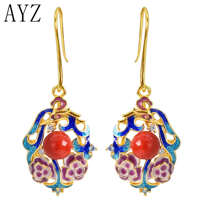 ayz时尚南红玛瑙耳环银景泰蓝中式民族风耳坠复古百搭女耳饰 南红景泰