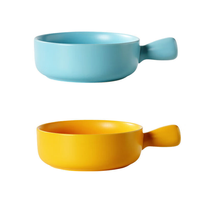 京闖陶瓷泡面碗水果沙拉碗家用创意手柄烘焙早餐盘个性菜盘焗饭碗单个 两件装(黄+蓝)手柄烤碗