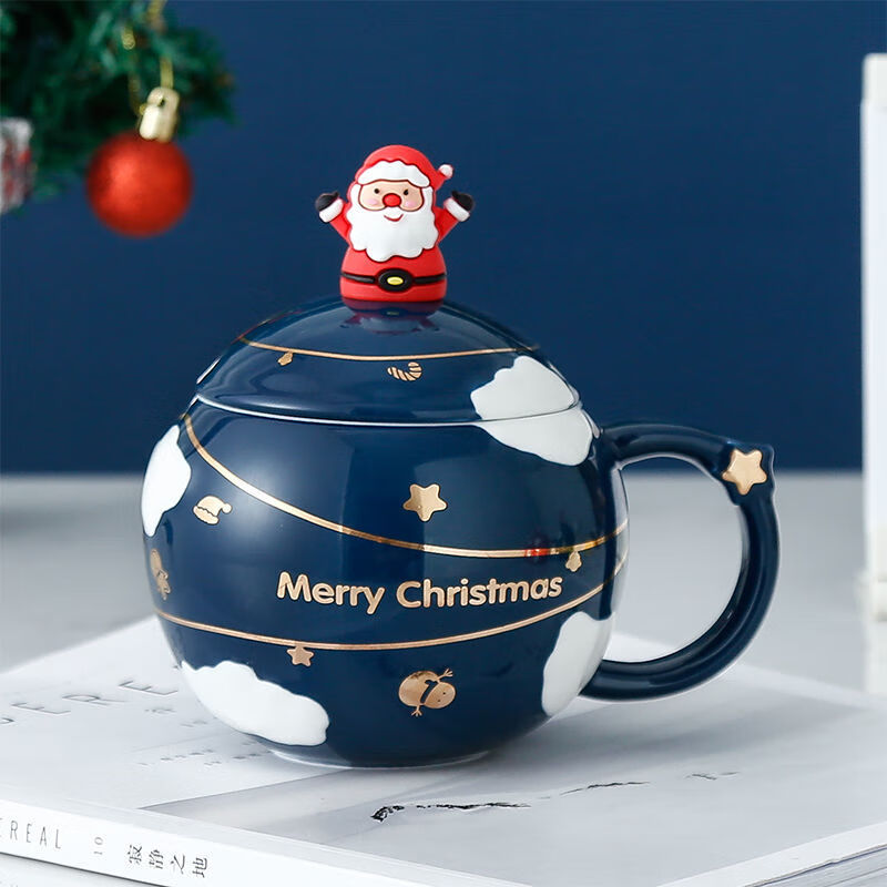 【好物精选】创意星球圣诞杯陶瓷马克杯带盖女生可爱情侣杯办公室喝水杯 圣诞杯-蓝色 带盖勺