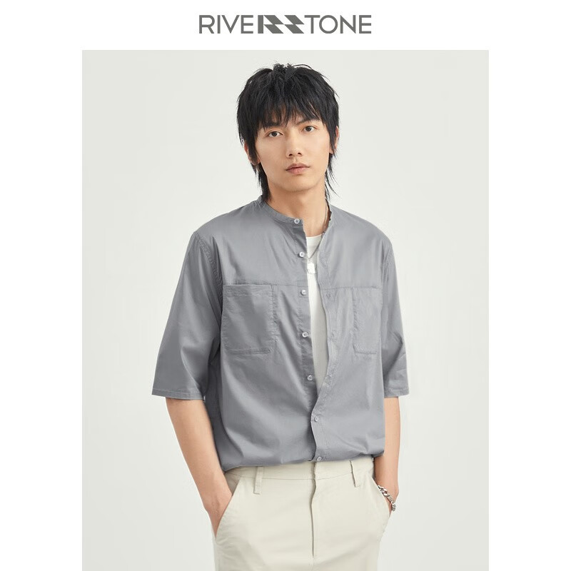 riverstone男装 男士夏季薄款衬衫中袖衬衣五分袖 绿灰 xs