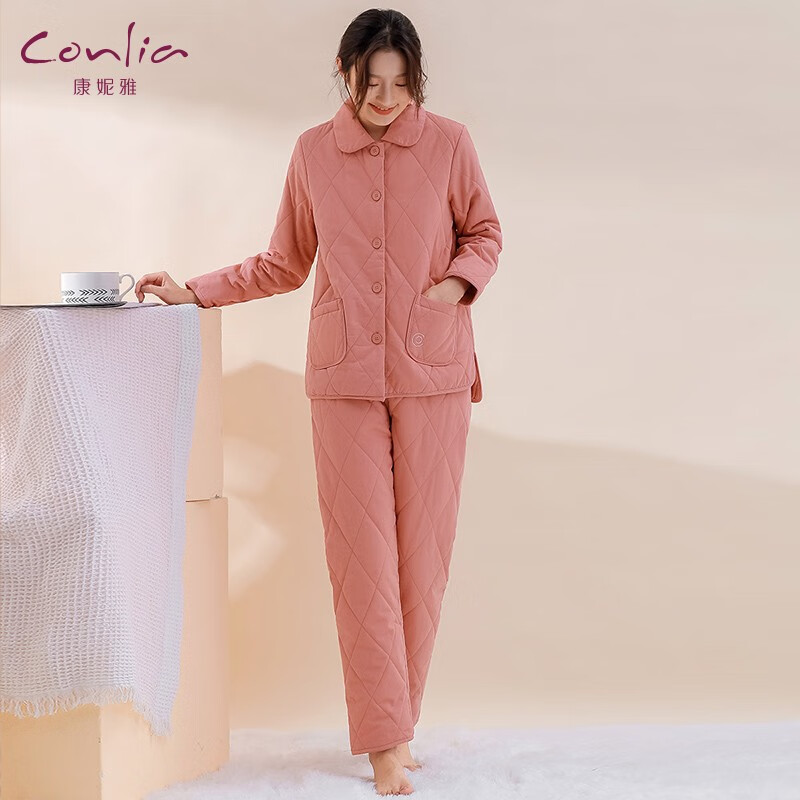 康妮雅 睡衣女冬装新款夹棉保暖家居服三层加厚居家服 藕粉色 m