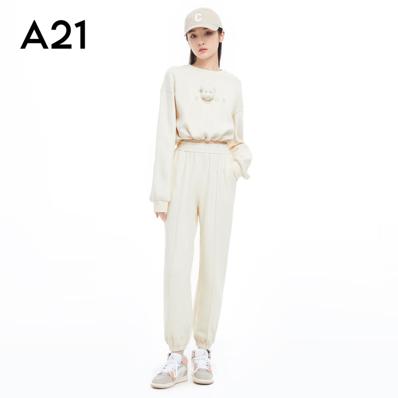 A21秋冬欧美简约收腰时尚女装针织圆领小熊立体设计两件套元气套装 白卡其 L怎么样,好用不?