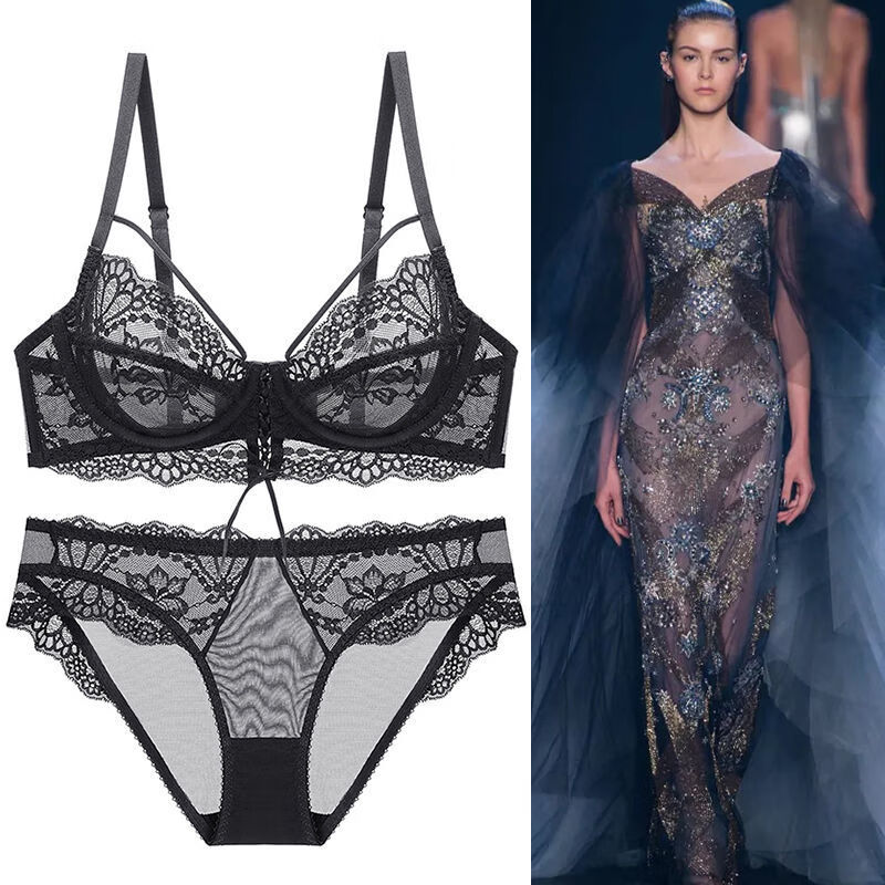 欧美薄蕾丝大胸显小大码内衣文胸套装新款女士胸罩的秘密 黑色 75a