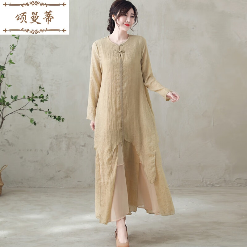 頌曼蒂禪舞女人服裝新款茶藝師秋冬款禪服佛系衣服中國風(fēng)禪意裝棉麻茶服 卡其 S