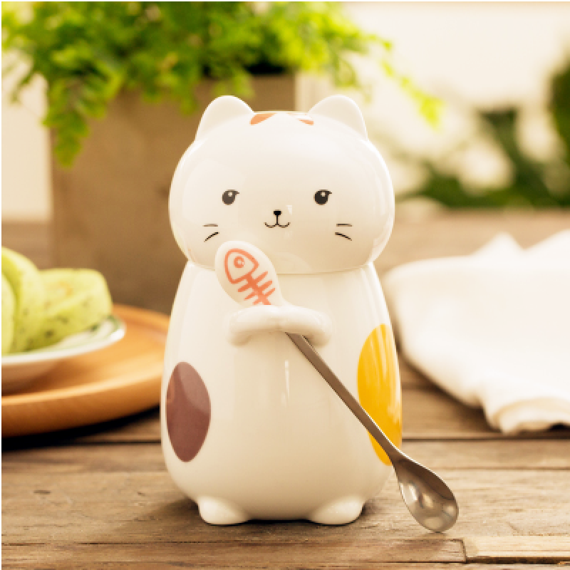 驰诺萌动物猫咪陶瓷水杯情侣创意大容量马克杯带盖勺咖啡杯子 微笑