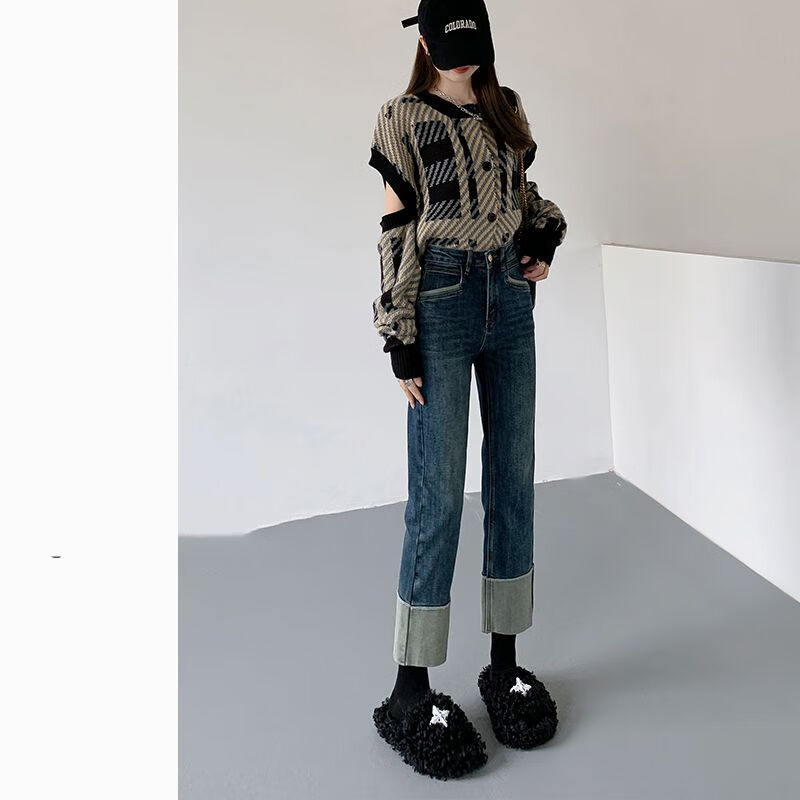 仕凡一搭配马丁靴的矮个子牛仔裤女秋冬款高腰直筒卷裤腿仔裤女2023年