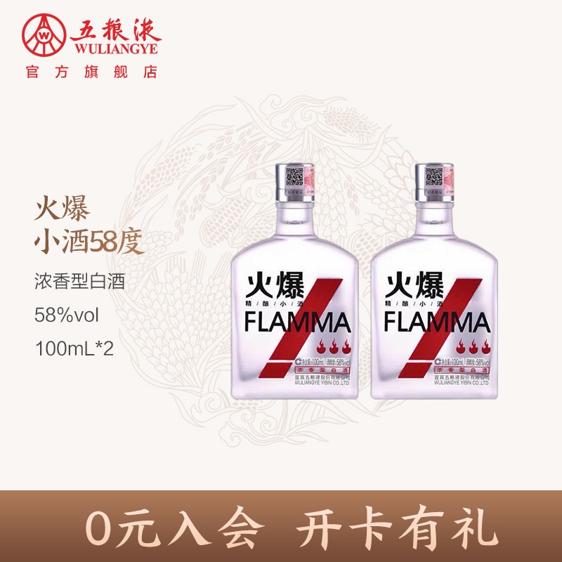 五粮液 火爆小酒小酒原度整箱浓香型小瓶白酒礼盒装 58度100mlx2 双瓶