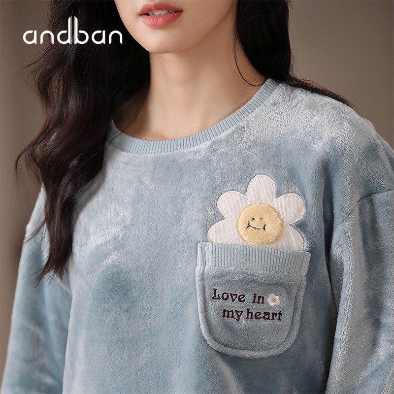 安之伴睡衣女晚秋冬法兰绒保暖厚款圆领可爱小花可外穿女士家居服套装 冰兰 XL