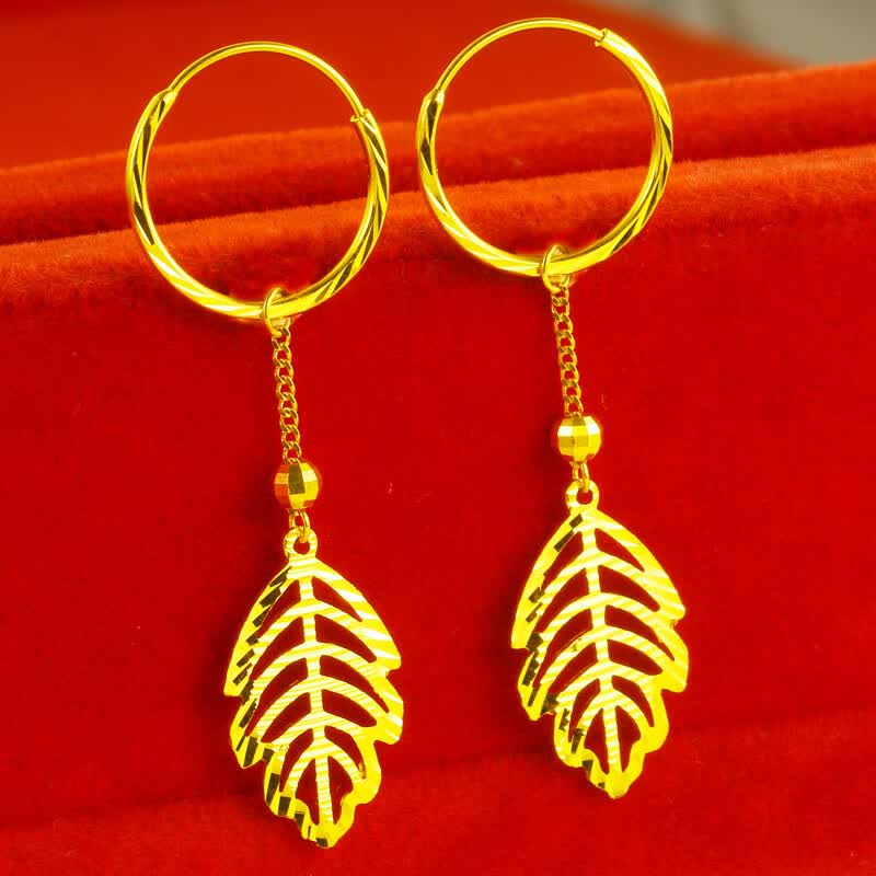 千影珠宝黄金耳环9999足金耳坠女款真金耳饰树叶耳圈5g素金按克重妈妈