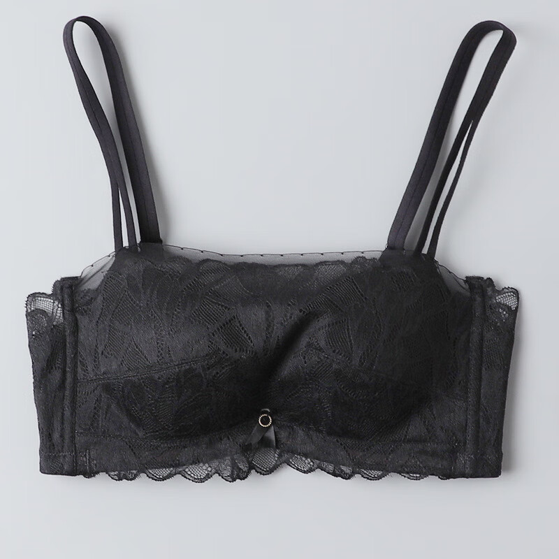 新款真丝无钢圈蕾丝抹胸防走光收副乳聚拢调整型桑蚕丝薄款文胸 黑色