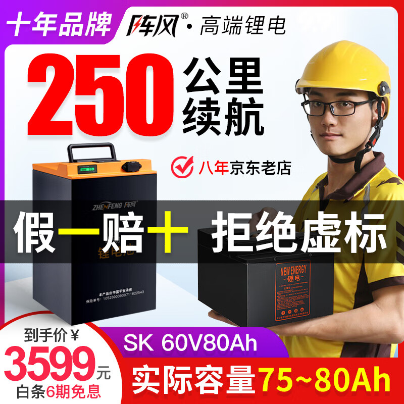 阵风（Zhen Feng）电动车锂电池大容量外卖电瓶新国标三元锂磷酸铁锂电动摩托车专用 SK 60V80Ah+BMS +10A充
