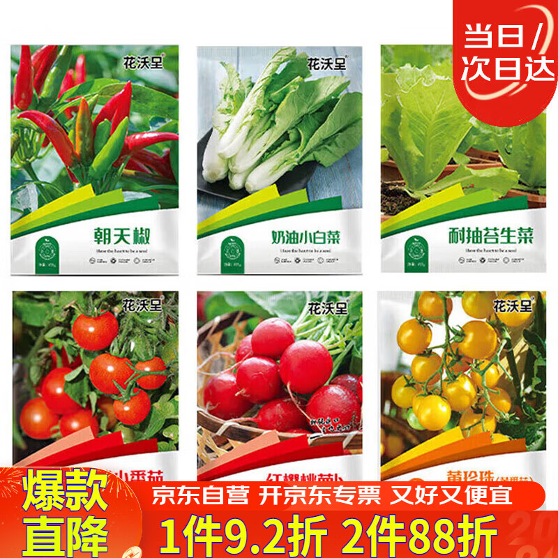 花沃里6款蔬菜种子大全 果蔬类盆栽小番茄西红柿朝天椒小白菜萝卜生菜籽