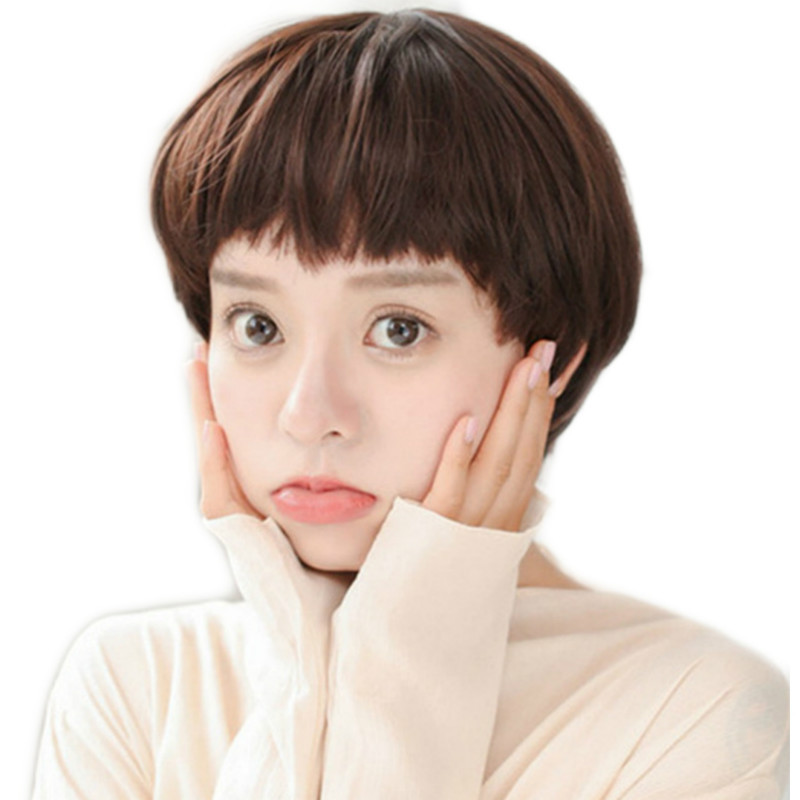 假发女短直发蘑菇头齐刘海圆脸可爱短发化纤头套一件 黑色