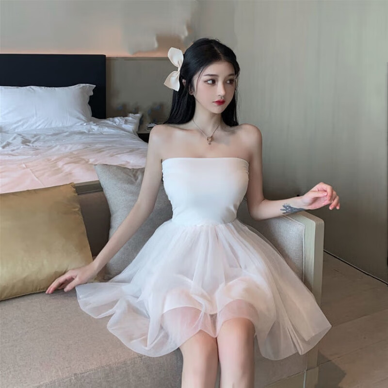 锐针织抹胸短裙性感露背网纱蓬蓬裙子韩版小个子礼服连衣裙女装 白色