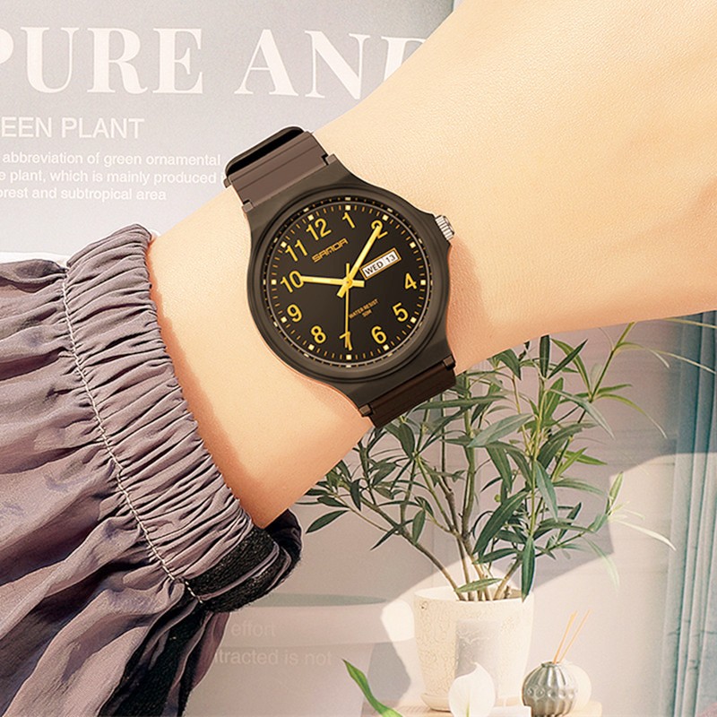 克洛奈CLNAI品牌手表超薄双日历夜光防水简约12数字学生考试腕表儿童男表女表多功能日期星期中性手表 黑带白面