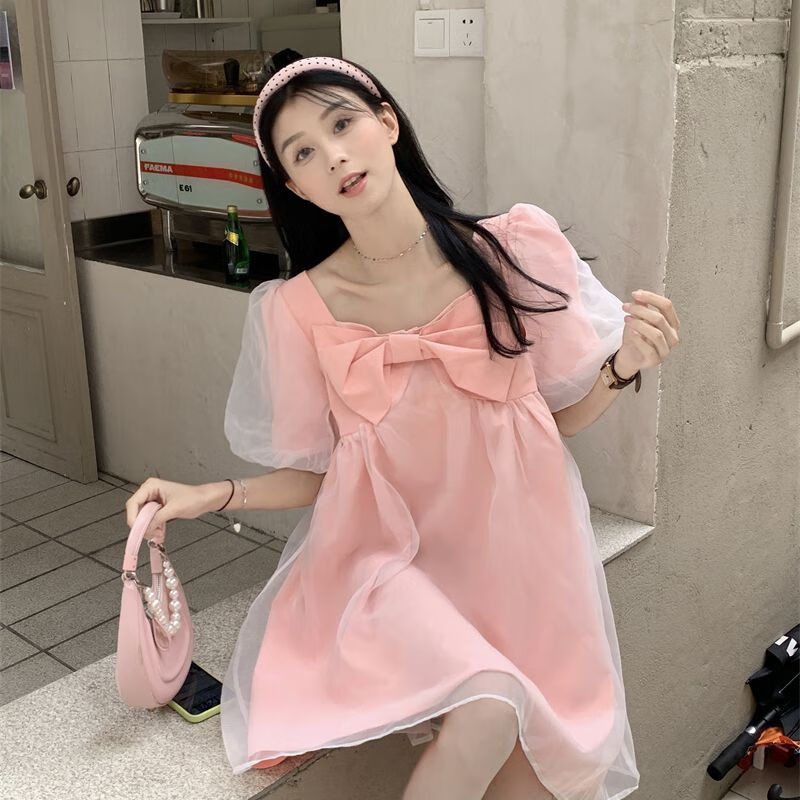 上衣甜美穿搭蝴蝶结泡泡袖连衣裙女夏方领拼接网纱 娇472-粉色裙子