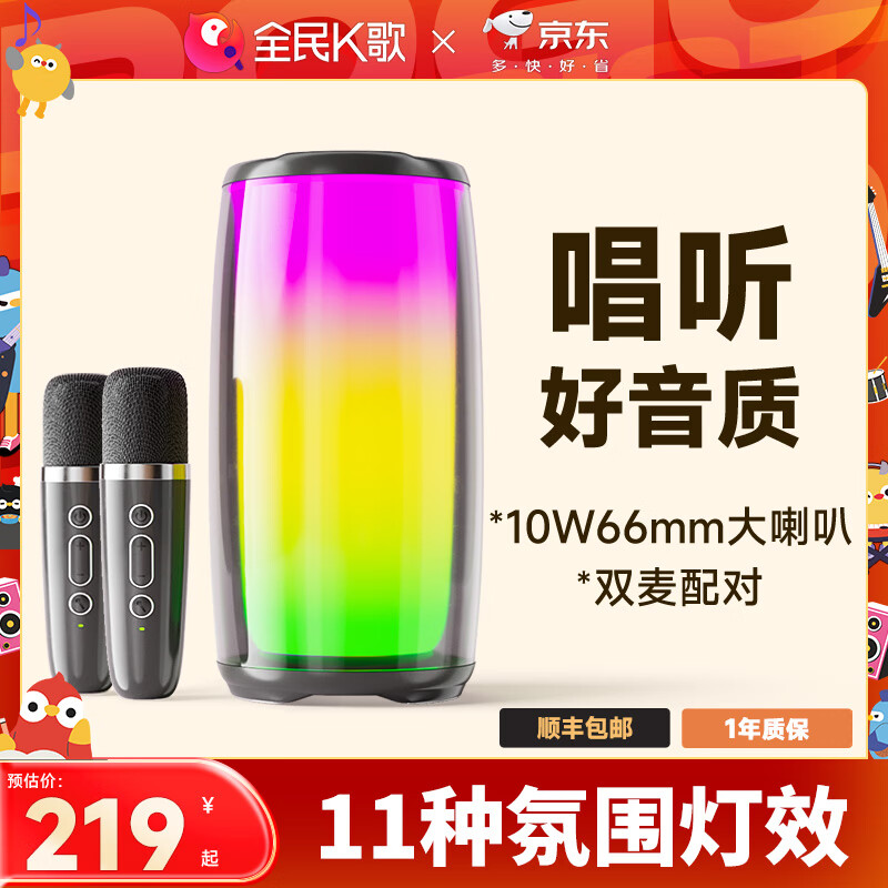 全民K歌 MZ21 蓝牙音箱麦克风套装直播电视K歌手机无线蓝牙k歌家庭ktv唱歌神器大音量话筒音响 午夜黑（双麦套装）