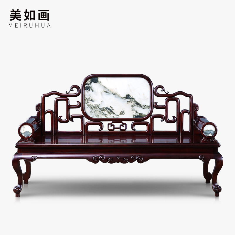 美如画非国标红木东非酸枝(学名:古夷苏木)广作家具 云石靠背罗汉床