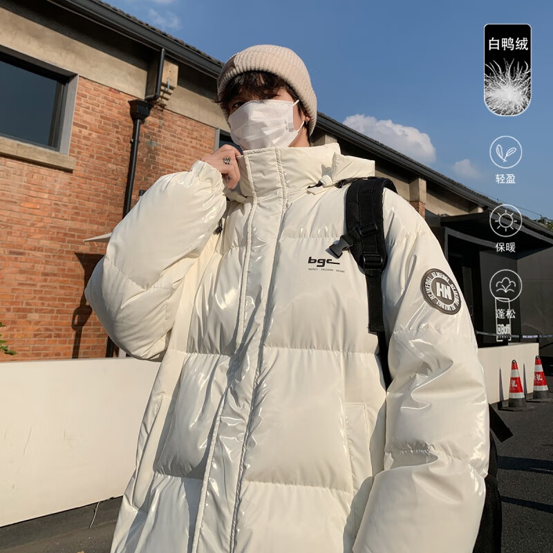 oemg 美式复古白鸭绒亮面羽绒服男女冬季加厚保暖防寒连帽面包服外套