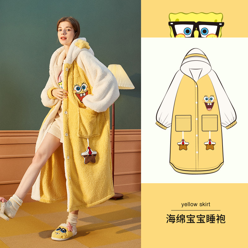 yso 海绵宝宝睡衣女冬季珊瑚绒长款加厚保暖可连帽睡袍可外穿家居服