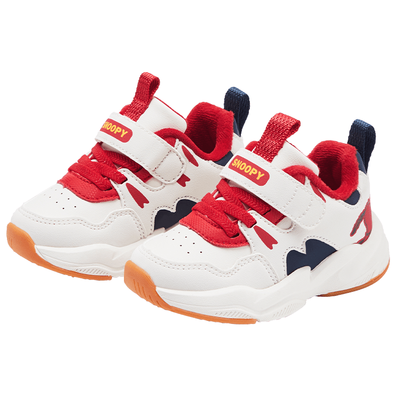SNOOPY史努比冬季新款童鞋男兒童二棉鞋男童運動(dòng)鞋機能鞋女童鞋子 米/紅 21 碼適合腳長(cháng)11.6-12.1cm