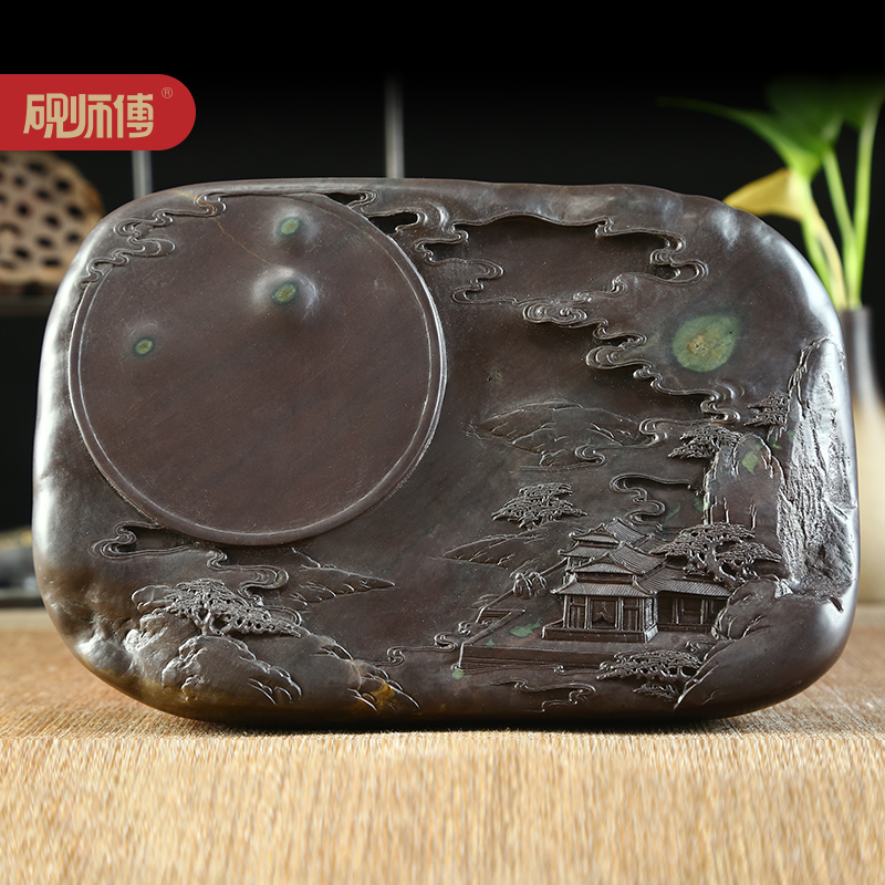 砚师傅手工雕刻孤品肇庆端砚麻子坑《松山观月》带石眼 创意精品文房