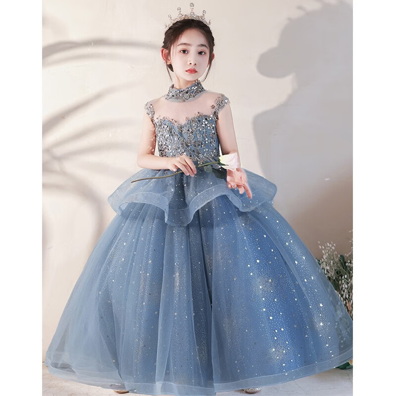 富伊熊儿童主持礼服女9-12岁夏天女童蓝色洋气生日宴会蓬蓬纱公主裙