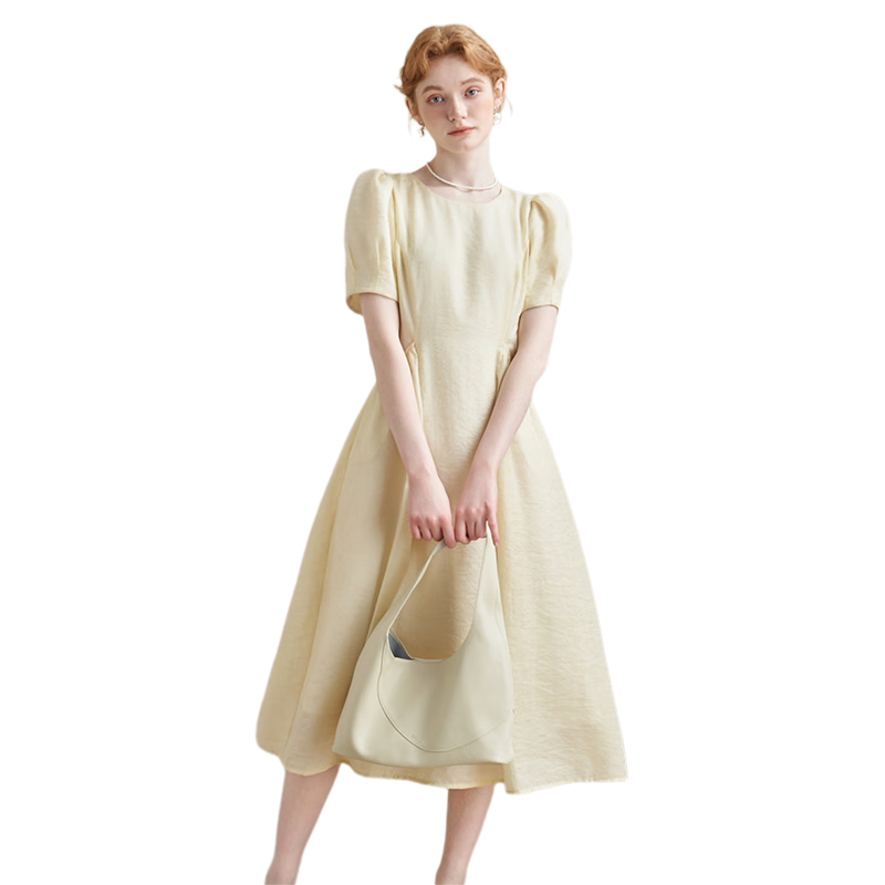 西遇法式优雅简约连衣裙女2024夏季高级感A字泡泡袖连衣裙 浅黄色 S