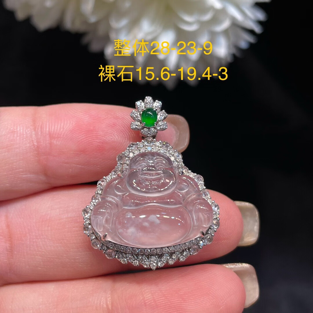 东芳翡都缅甸天然A货翡翠冰种白月光佛公吊坠18K金镶嵌钻石玉石弥勒佛挂件 更多款式请联系客服推荐