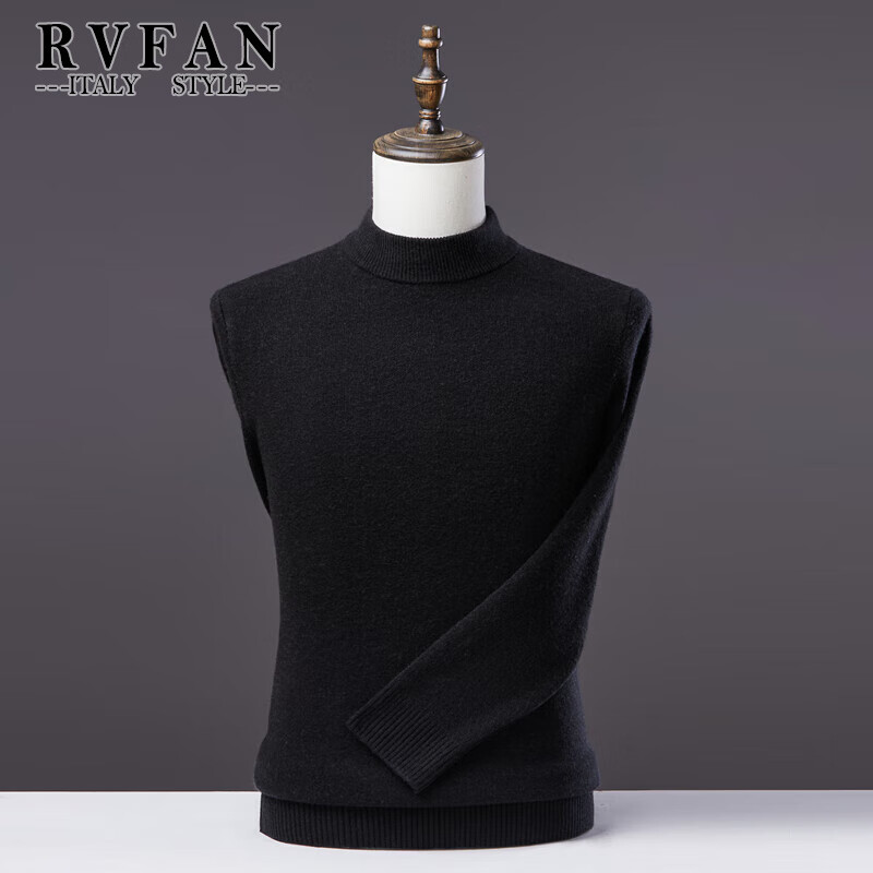 RVFAN男装羊毛衫男保暖毛衣秋冬季套头针织衫中年男士圆领打底衫 黑色 L