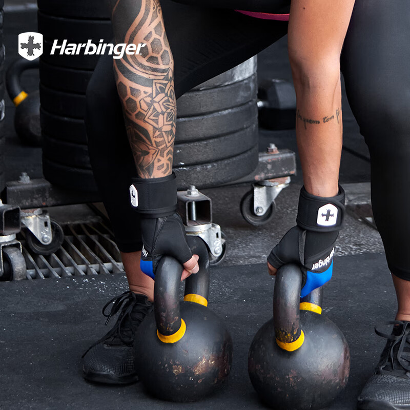 Harbinger哈彬者健身手套男女护腕一体半指骑行专业硬拉撸铁防滑耐磨防起茧 真皮加垫/升级护腕/黑蓝色/通用 XL（掌围21.6-24cm）