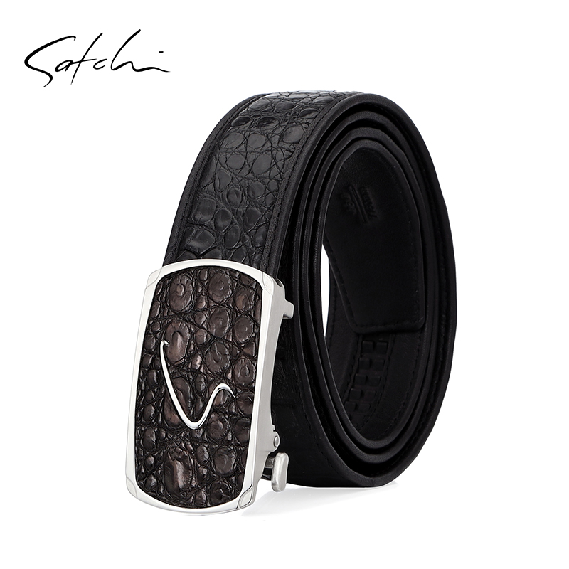 satchi沙驰皮带男时尚休闲裤带商务高端啡色鳄鱼皮不锈钢自动扣腰带a