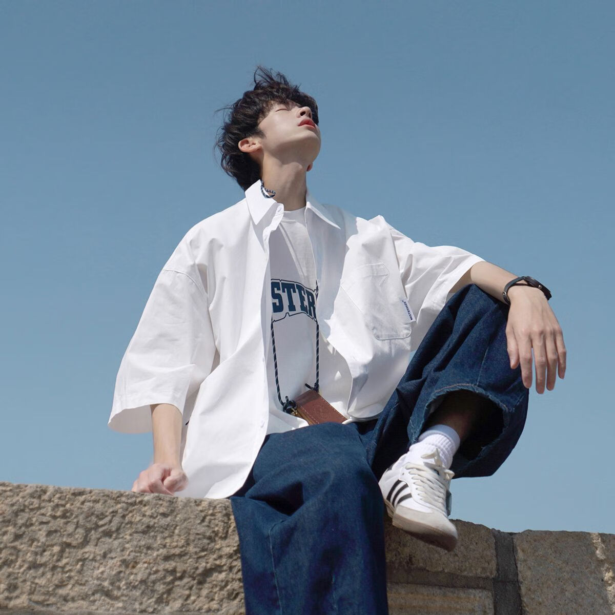 tzvh初中生男孩套装夏季帅气穿搭新款男士短袖衬衫翻领时尚百搭city青