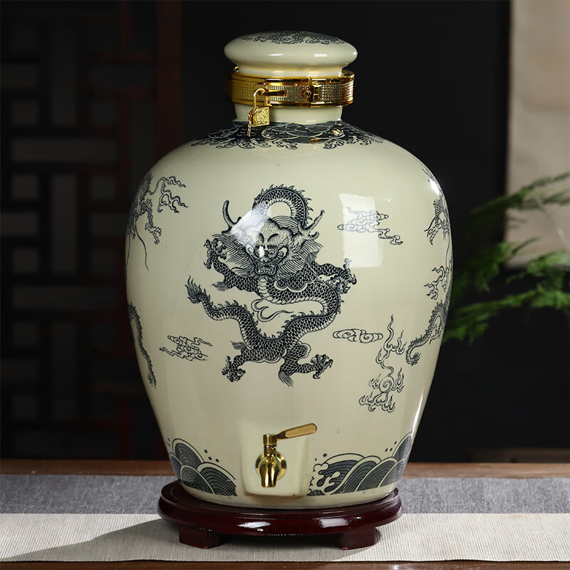 瓷蕓景德鎮(zhèn)陶瓷酒壇泡酒專用酒瓶家用密封白酒酒罐酒壺藥酒容器大酒缸 龍行天下-10斤帶龍頭（黃釉）