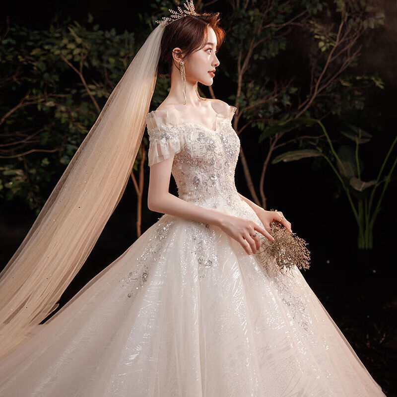 舒凯乐婚纱 主婚纱一字肩新娘星空轻婚纱气质显瘦主大拖尾超仙梦幻