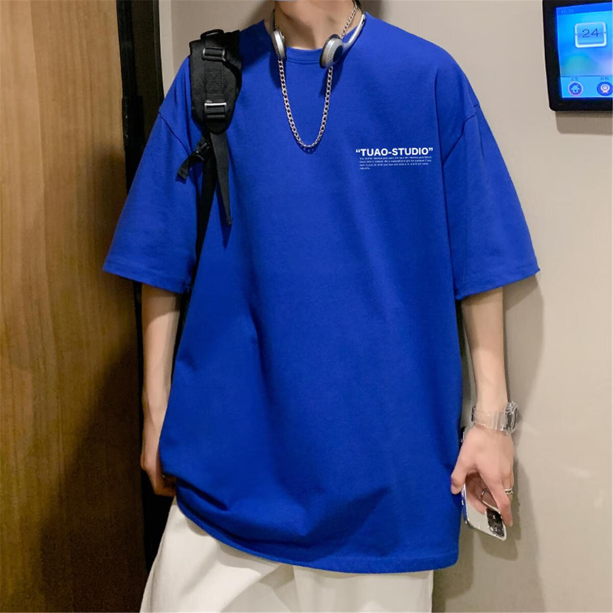 纯棉短袖t恤男士夏季ins潮牌宽松韩版美式潮 宝蓝色短袖t恤左上角tuao