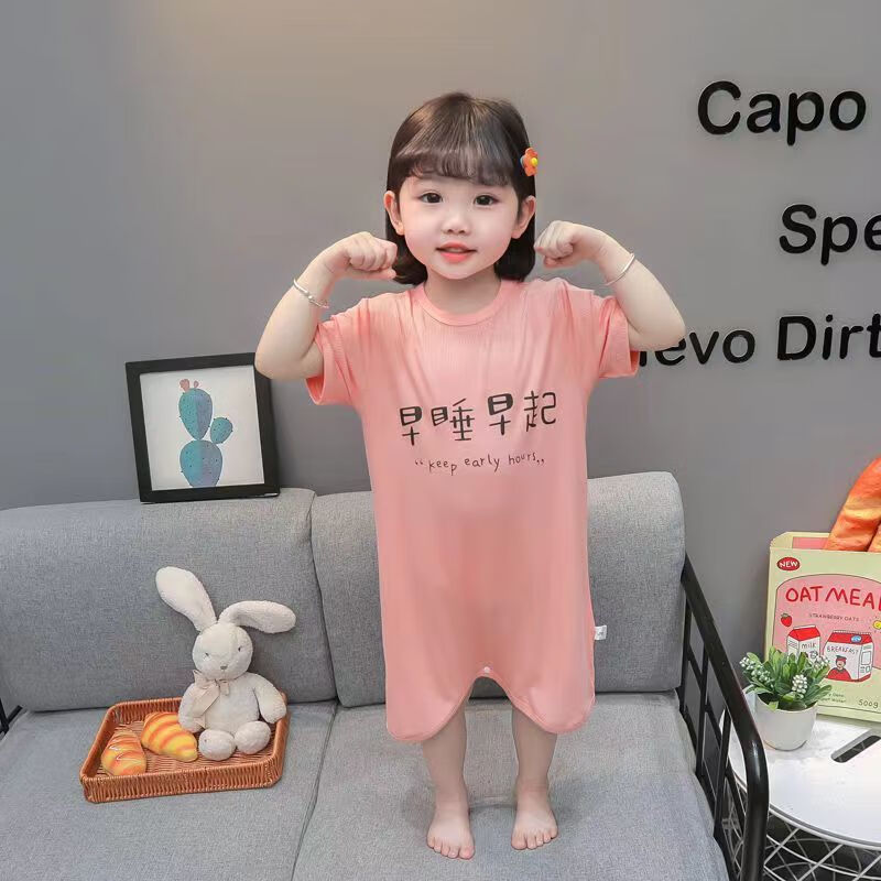 潮牌豬小孩子寶寶連體睡衣夏季薄款兒童連身防踢空調服男女童嬰幼兒睡裙 粉色 早睡早起短袖 90cm 90碼建議身高85-95厘米