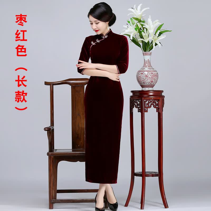 祺袍中长连衣裙小个子春秋改良旗袍式连衣裙老上海女士妈妈金丝绒旗袍中长款中国风复古 枣红色（长） M高性价比高么？