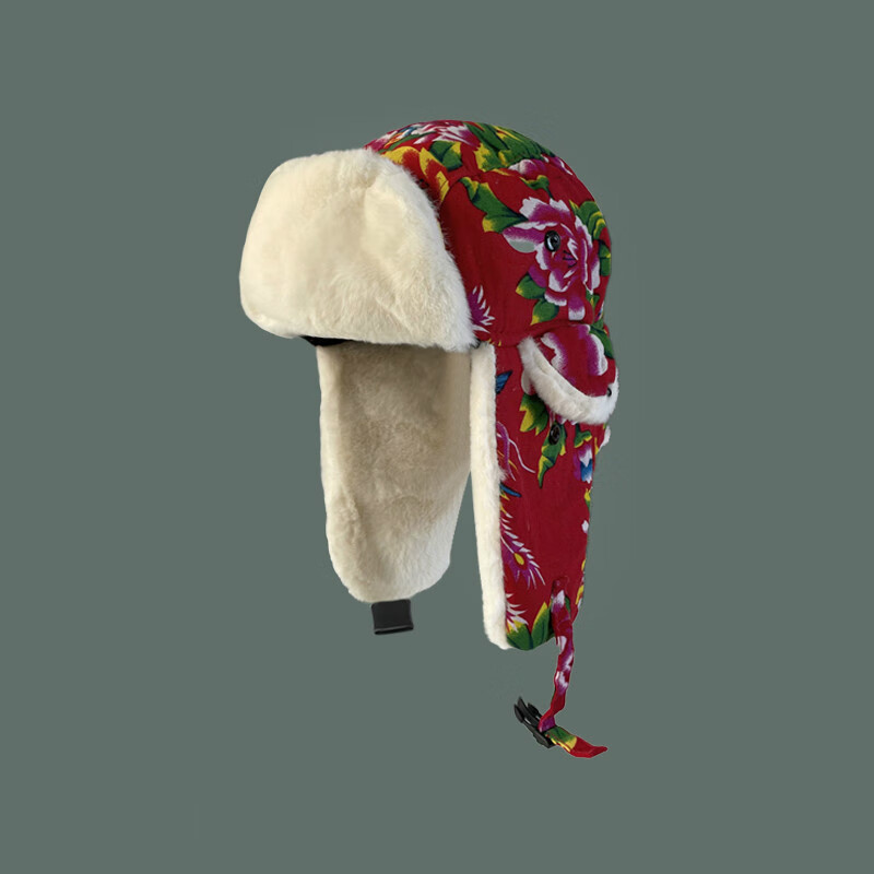 领玄 东北大花布帽子成人雷锋帽红花绿花东北风乡村土民族风花布棉帽