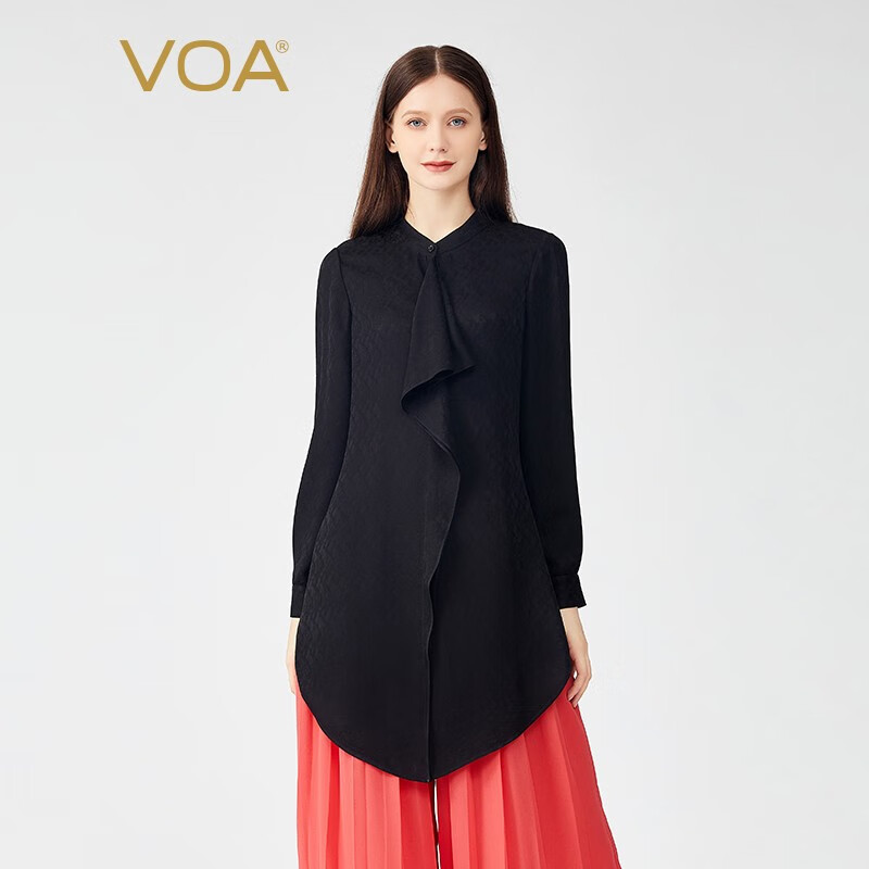 VOA真丝提花黑色立领长袖立体装饰弧形下摆气质中长款T恤 BE838 神秘黑（B04） 160/M