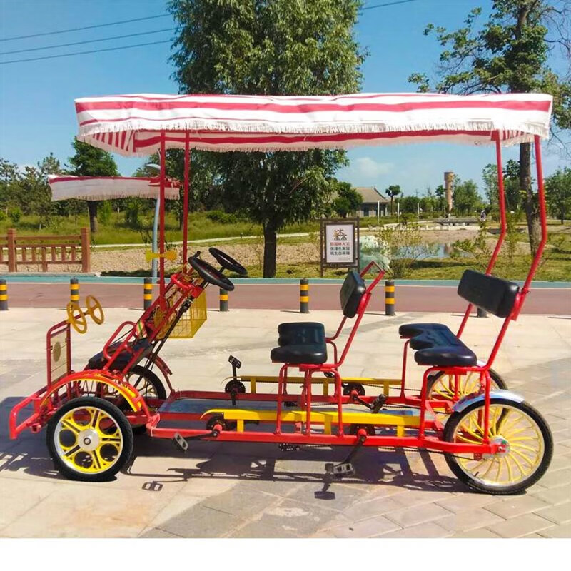 四人手刹脚踏车双人自行车情侣一体轮旅游观光出 四轮刹车双排红色