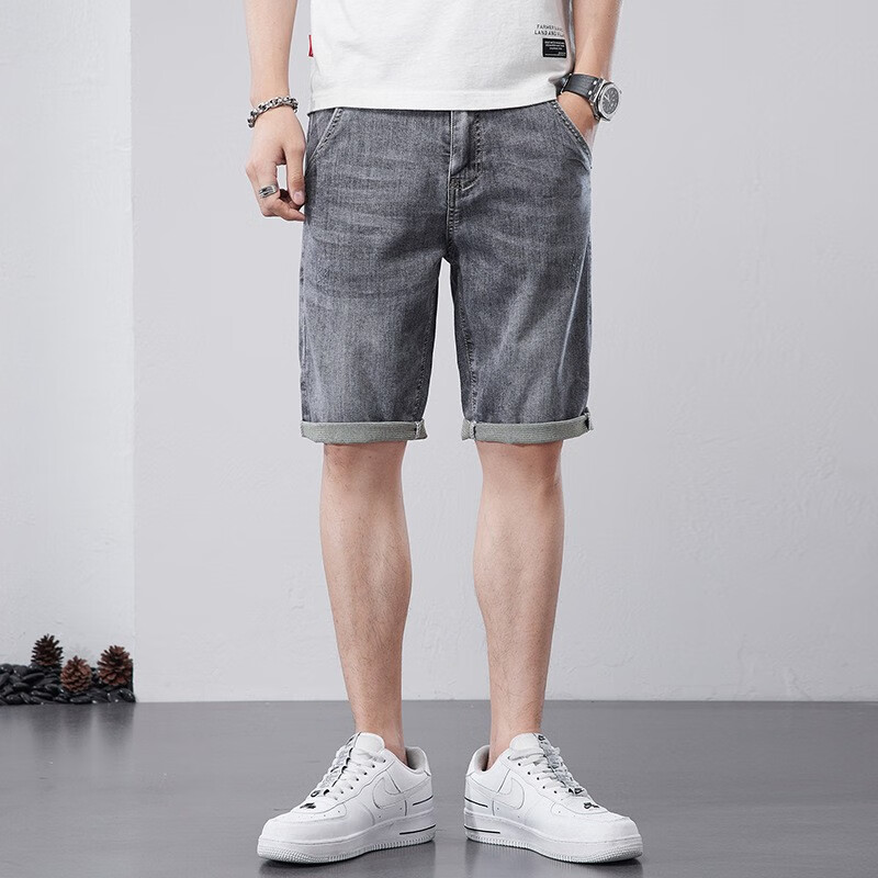 慕幕弹力牛仔短裤男夏季薄款潮流休闲修身5分中裤外穿流行男装五分裤