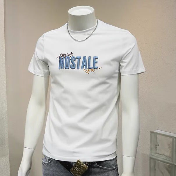 上衣男加肥加大码高品质纯棉男士t恤男短袖2023 纯棉刺绣白【高品质】